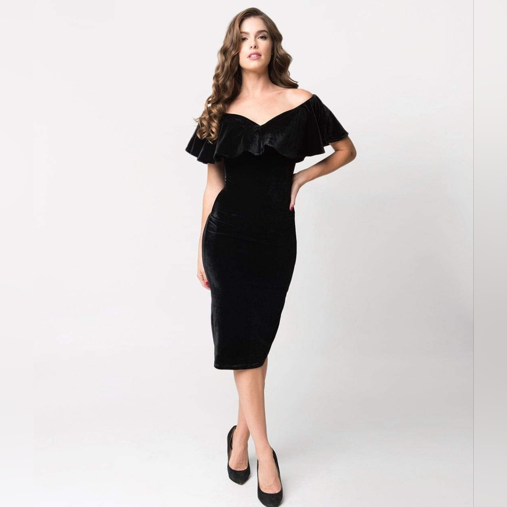 Unique Vintage Black Velvet Off Shoulder Sophia Wiggle Dress